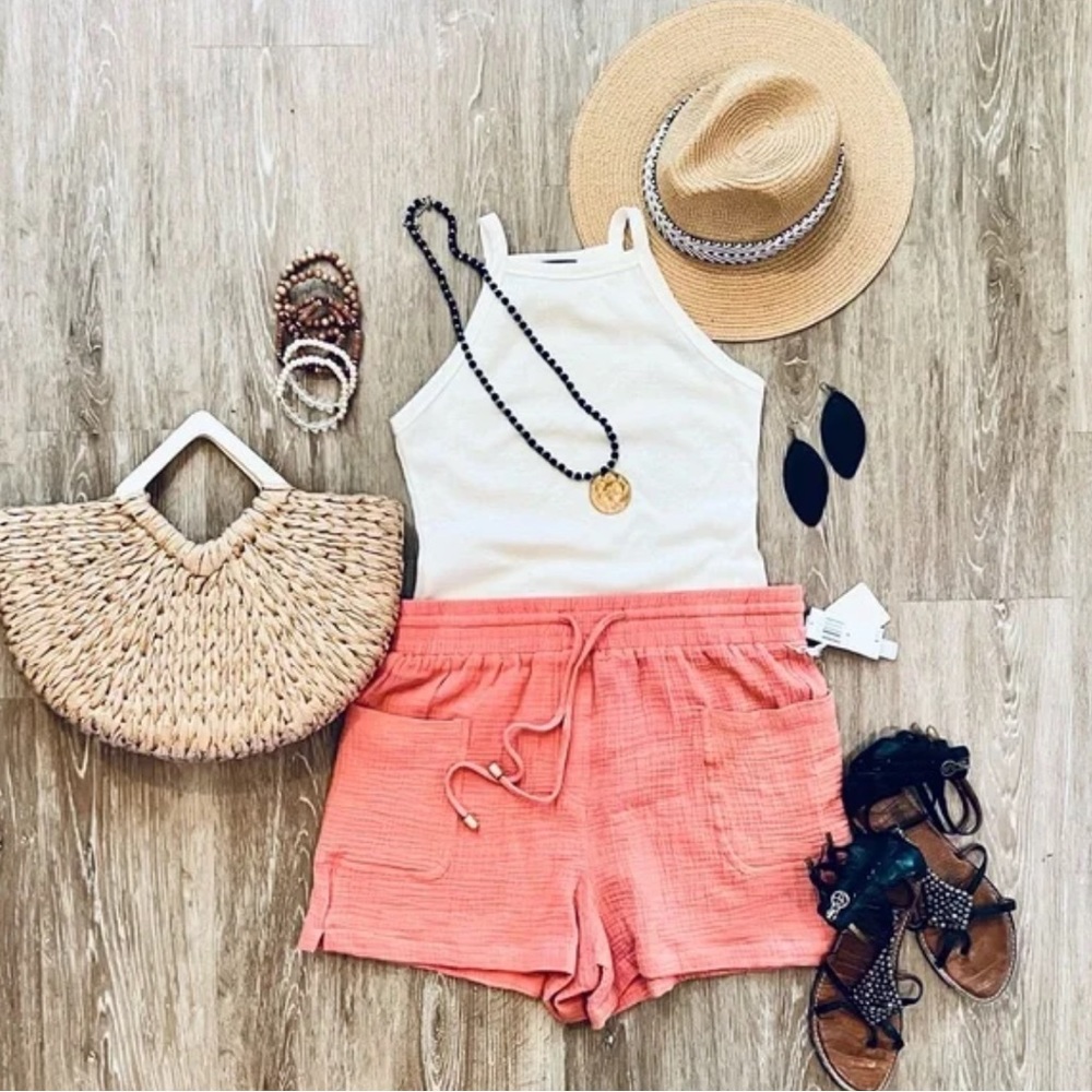 B1 Magaschoni Burnt Terracotta Cotton Gauze Textured Shorts